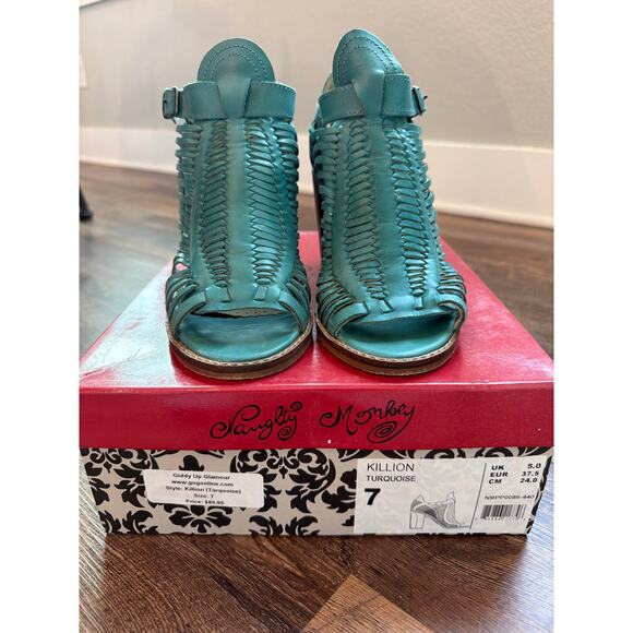 Naughty Monkey "Killion" Turquoise leather peep toe woven bootie SZ 7 - Picture 4 of 9